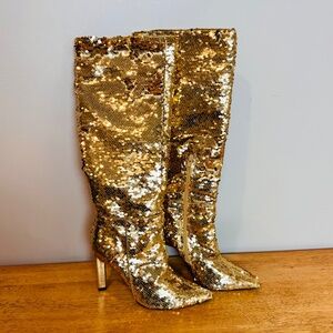 NWOT Osos Designs Gold Sequin Knee High Boots, size 7. Sparkle Go Go